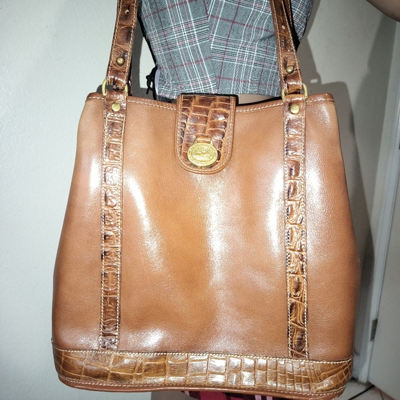 Brahmin Tuscan Leather Shoulder Brown Moc Croc Trim Detachable Pouch. Adj Straps - Picture 3 of 16